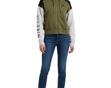 Nike Olive Green Cropped Color-Block Zip-Up Hoodie