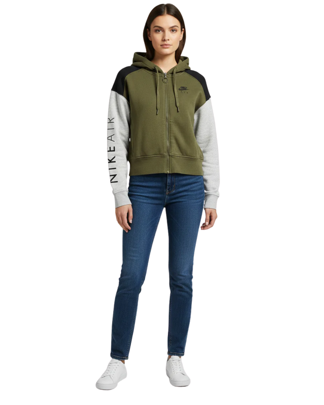 Nike Olive Green Cropped Color-Block Zip-Up Hoodie