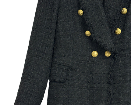 Zara Black Tweed Frayed Double Breasted Blazer