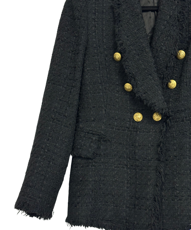 Zara Black Tweed Frayed Double Breasted Blazer