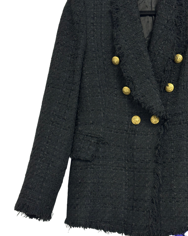 Zara Black Tweed Frayed Double Breasted Blazer
