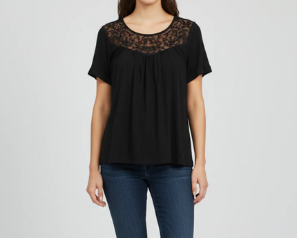 Forever 21 Black Floral Embroidered Mesh Yoke Blouse