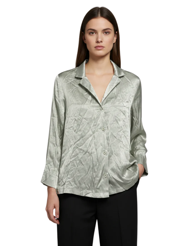 Oysho Sage Green Silky Viscose Button-Down Blouse W/Tags