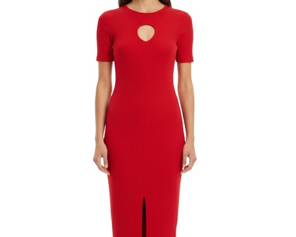 Zara Red Ribbed Bodycon Midi Dress with Front Slit