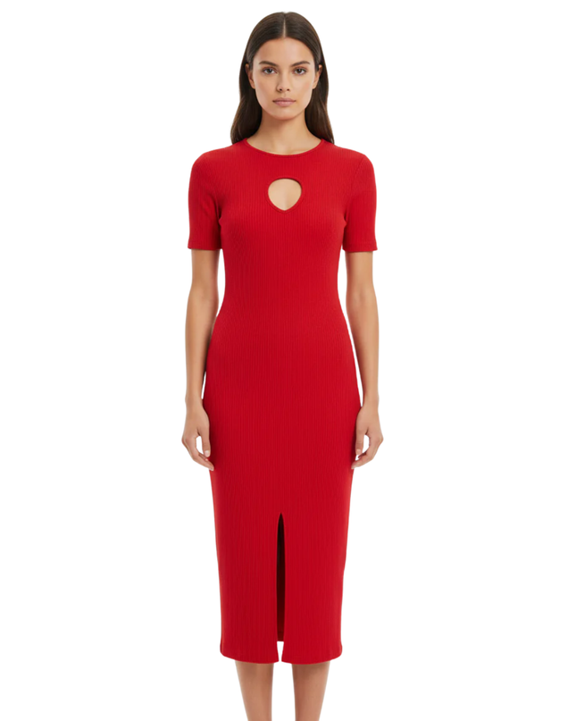 Zara Red Ribbed Bodycon Midi Dress with Front Slit