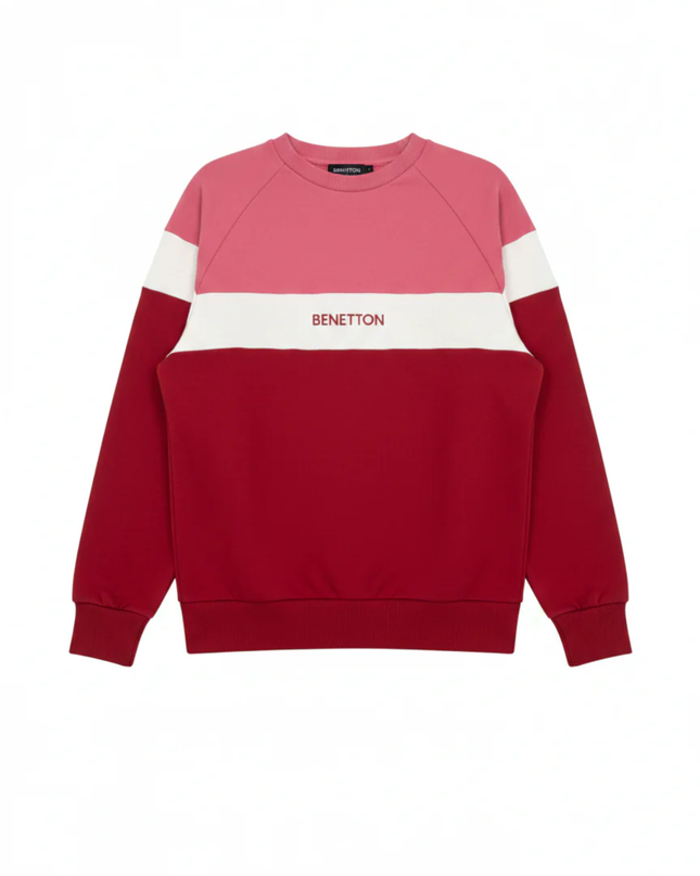 Benetton Red Tricolor Color-Block Raglan Sweatshirt