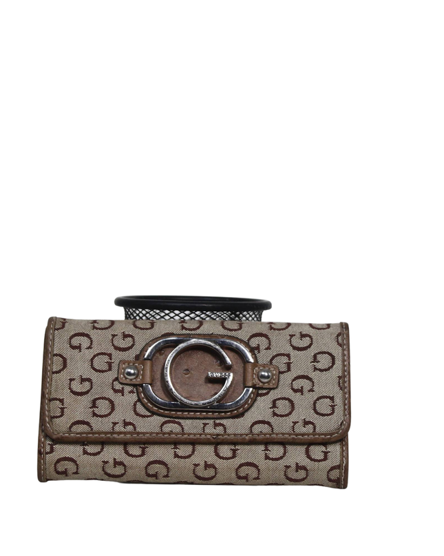 Guess Beige and Brown Monogram Trifold Wallet
