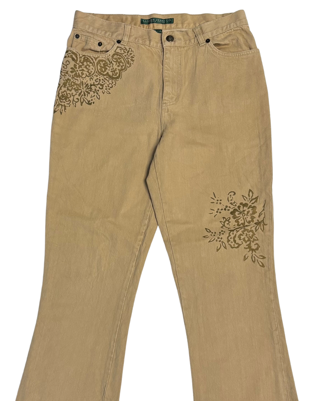 Lauren Ralph Lauren Tan Floral Embroidered Straight Leg Jeans