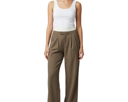 Reformation Brown Contrast Fold-Over Waistband Pleated Wide Leg Pants
