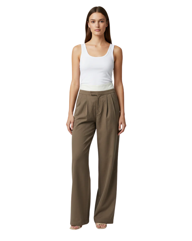 Reformation Brown Contrast Fold-Over Waistband Pleated Wide Leg Pants