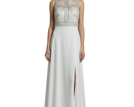 Morgan & Co. White Embellished Mesh Evening Gown