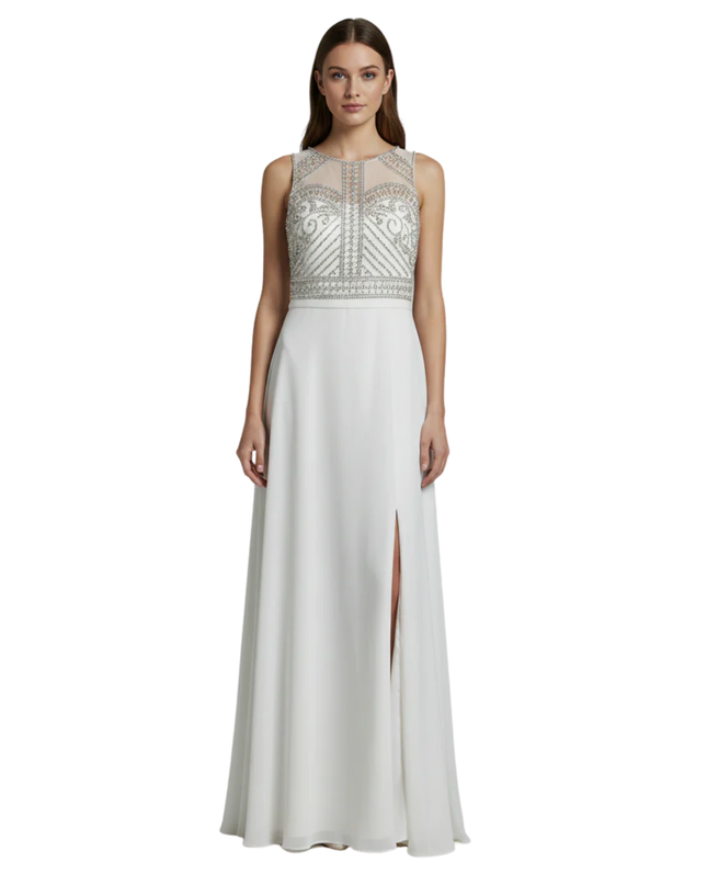 Morgan & Co. White Embellished Mesh Evening Gown