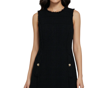 MNG Black Sleeveless Tweed Mini Dress with Frayed Trim