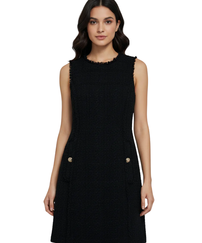 MNG Black Sleeveless Tweed Mini Dress with Frayed Trim