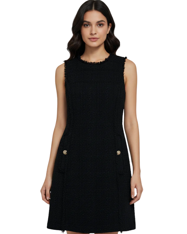 MNG Black Sleeveless Tweed Mini Dress with Frayed Trim