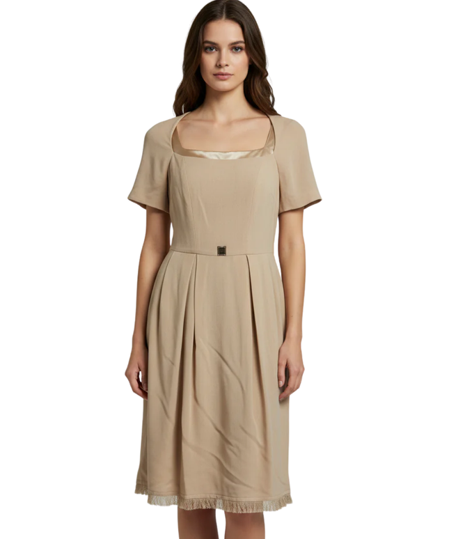 Elisabetta Franchi Beige Virgin Wool Blend Mini Dress with Fringe Hem
