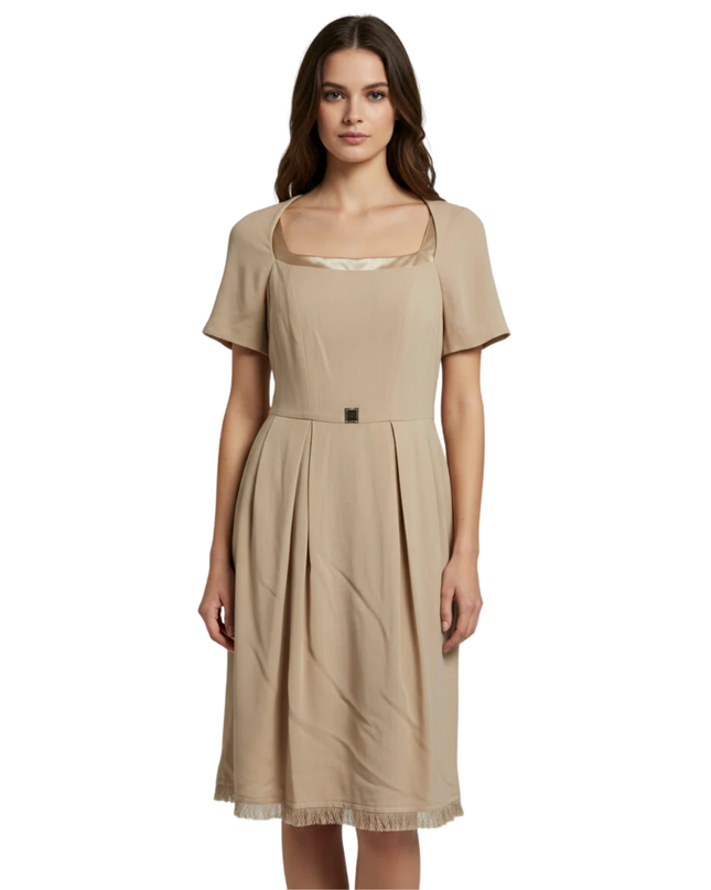 Elisabetta Franchi Beige Virgin Wool Blend Mini Dress with Fringe Hem