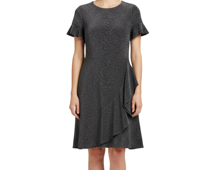 ECI Black Metallic Ruffle Trim Short Sleeve Dress