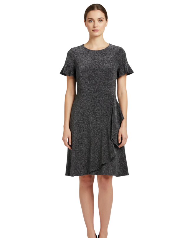 ECI Black Metallic Ruffle Trim Short Sleeve Dress