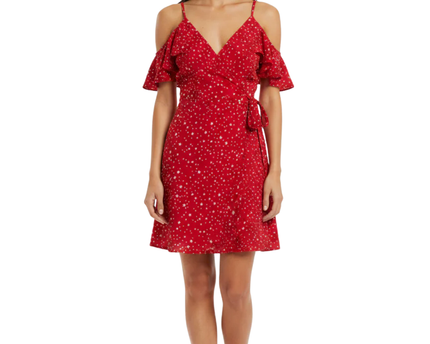 Dancing Leopard Red Star Print Cold-Shoulder Wrap Dress