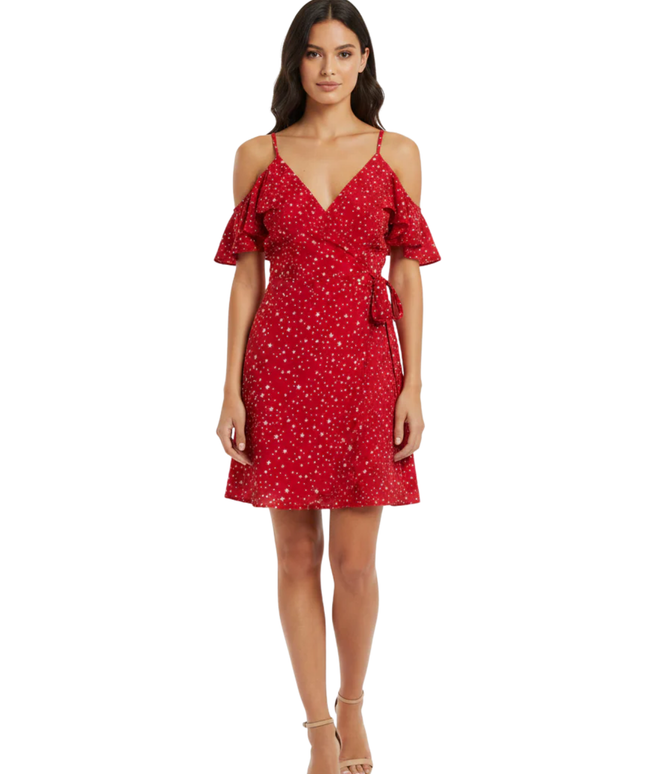 Dancing Leopard Red Star Print Cold-Shoulder Wrap Dress