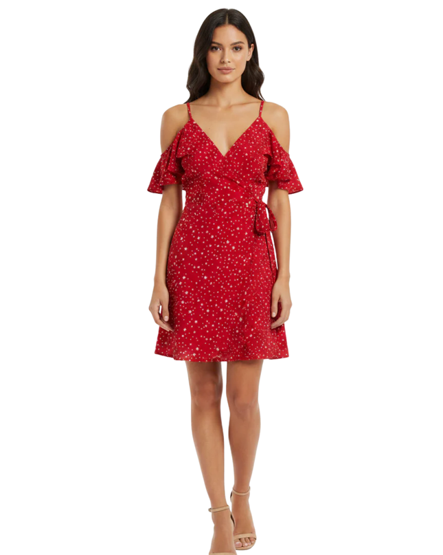 Dancing Leopard Red Star Print Cold-Shoulder Wrap Dress