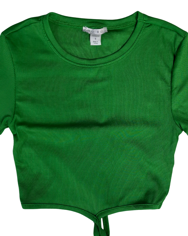 AMISU Green Ribbed Tie-Front Short Sleeve Crop Top