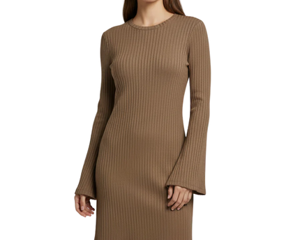 NA-KD Brown Ribbed Trumpet Sleeve Mini Dress
