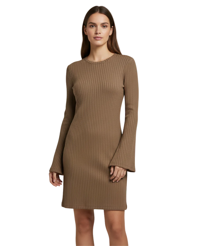 NA-KD Brown Ribbed Trumpet Sleeve Mini Dress