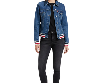 Levi's Blue Denim Trucker Jacket with Sporty Striped Ribbed Trim