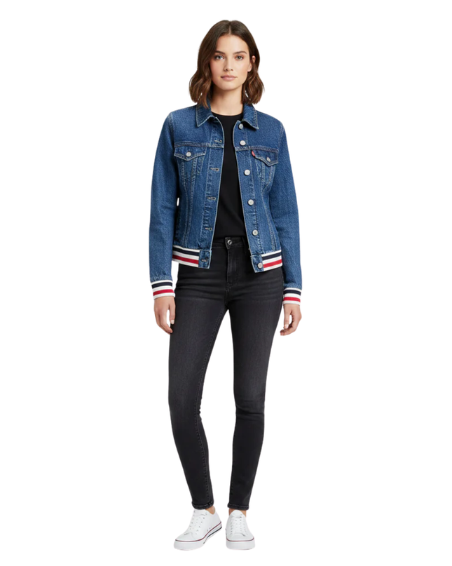 Levi's Blue Denim Trucker Jacket with Sporty Striped Ribbed Trim