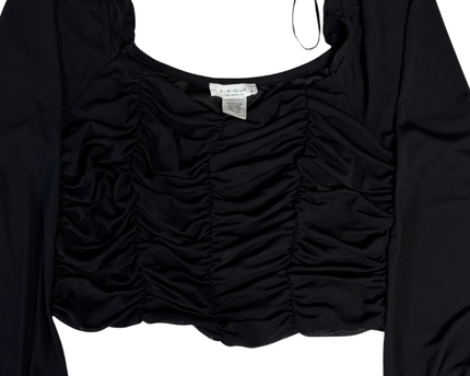 KIRIOUS Black Ruched Balloon Sleeve Crop Top