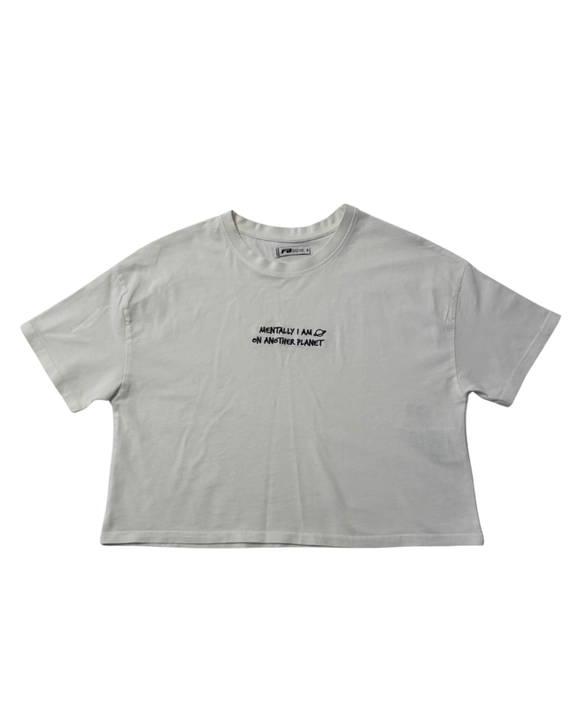 FB Sister White Mentally I Am On Another Planet Graphic Cropped Tee