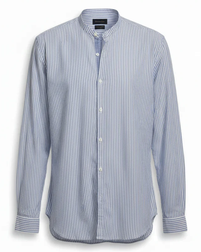 Massimo Dutti Blue and White Striped Mandarin Collar Shirt