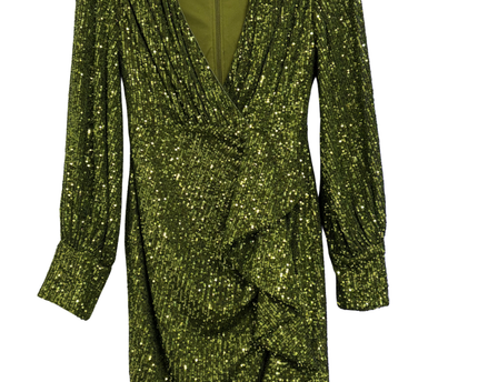 Little Mistress Green Sequin Ruffle Mini Wrap Dress