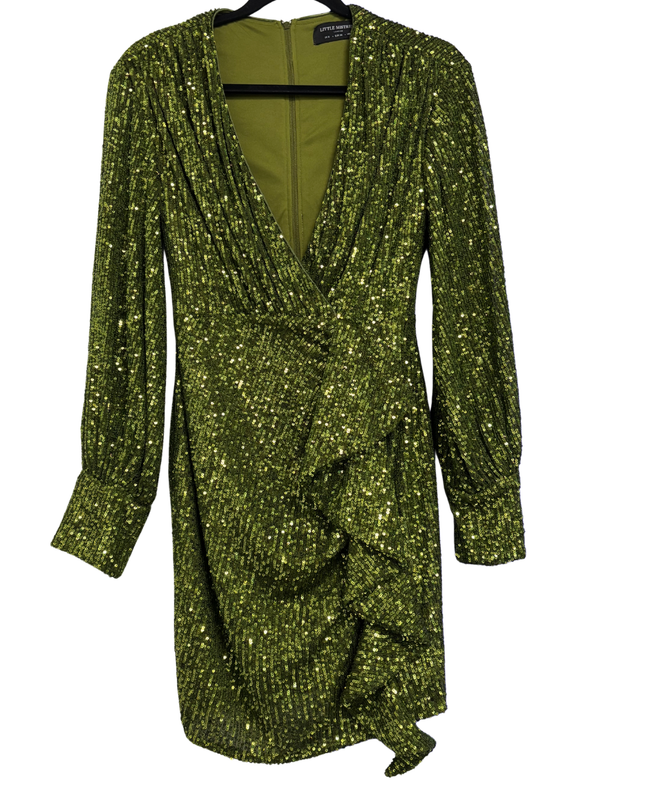 Little Mistress Green Sequin Ruffle Mini Wrap Dress