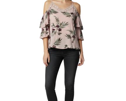 Aéropostale Pink Floral Crochet Cold-Shoulder Blouse