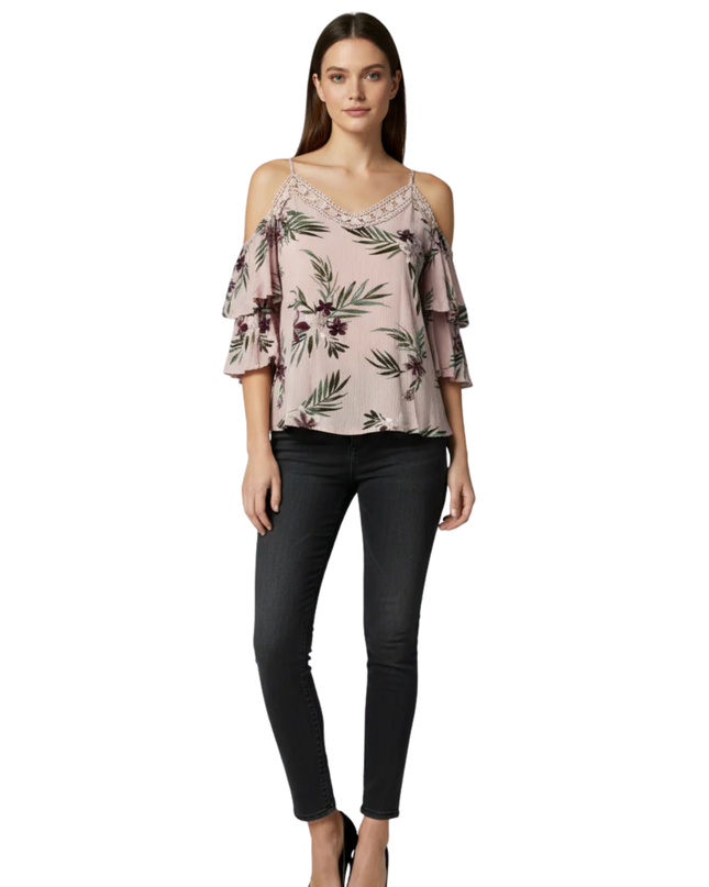 Aéropostale Pink Floral Crochet Cold-Shoulder Blouse