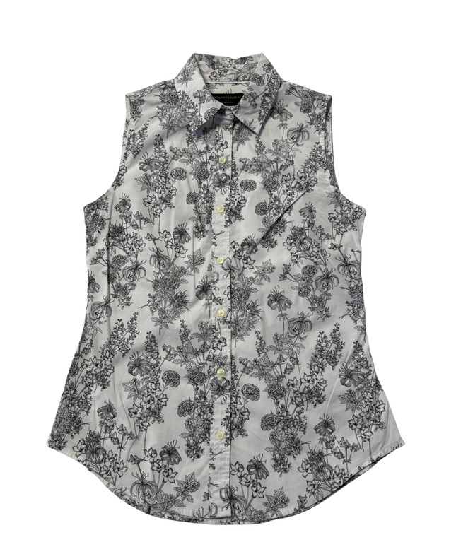 Banana Republic White/Black Floral Sleeveless Button-Down Shirt