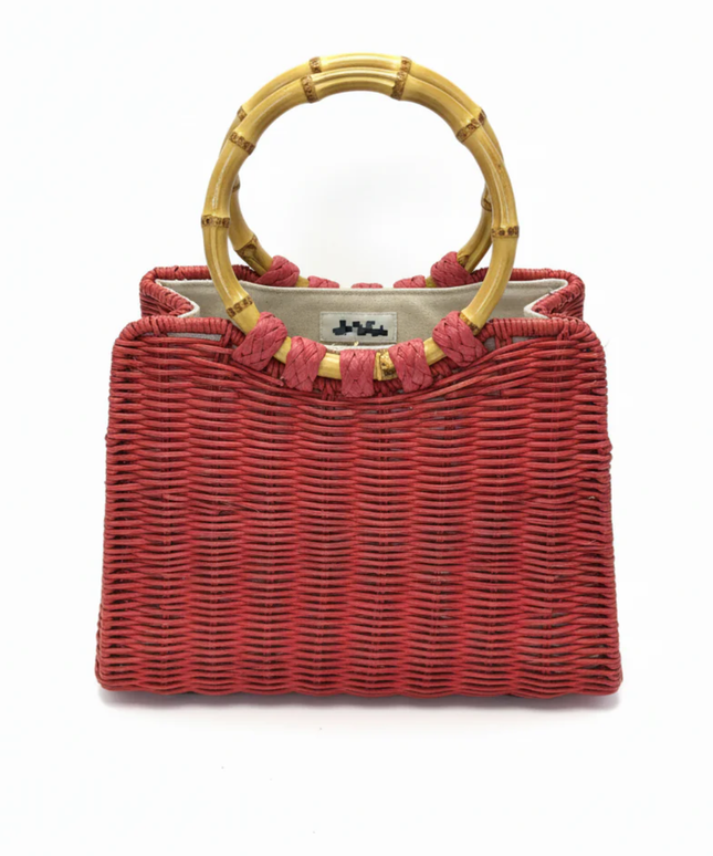 ZARA Red Woven Basket Bag with Bamboo Handles