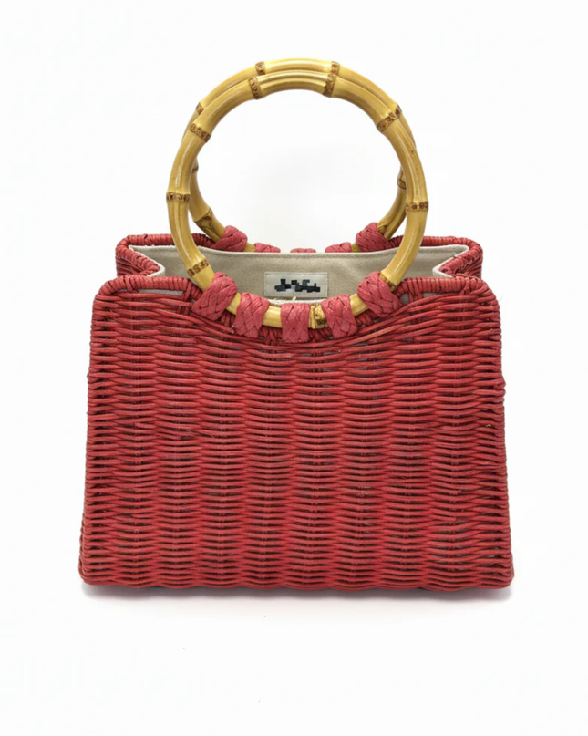 ZARA Red Woven Basket Bag with Bamboo Handles