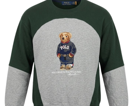 Reworked Polo Ralph Lauren Green and Grey Polo Bear Color-Blocked Sweatshirt