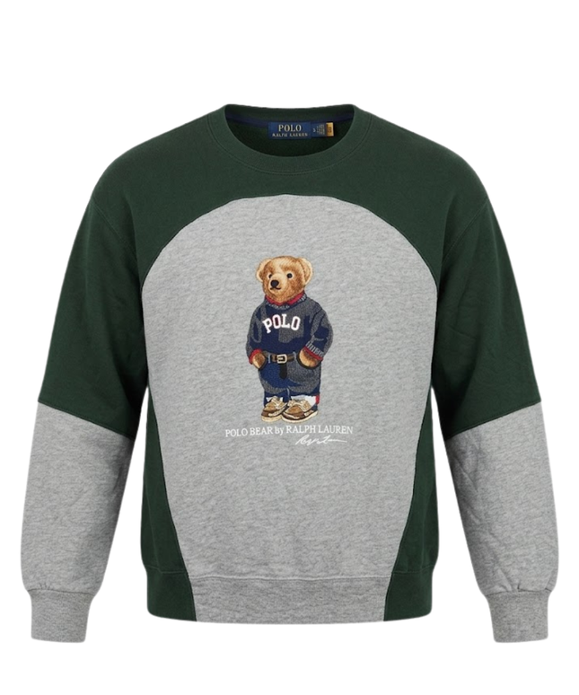 Reworked Polo Ralph Lauren Green and Grey Polo Bear Color-Blocked Sweatshirt