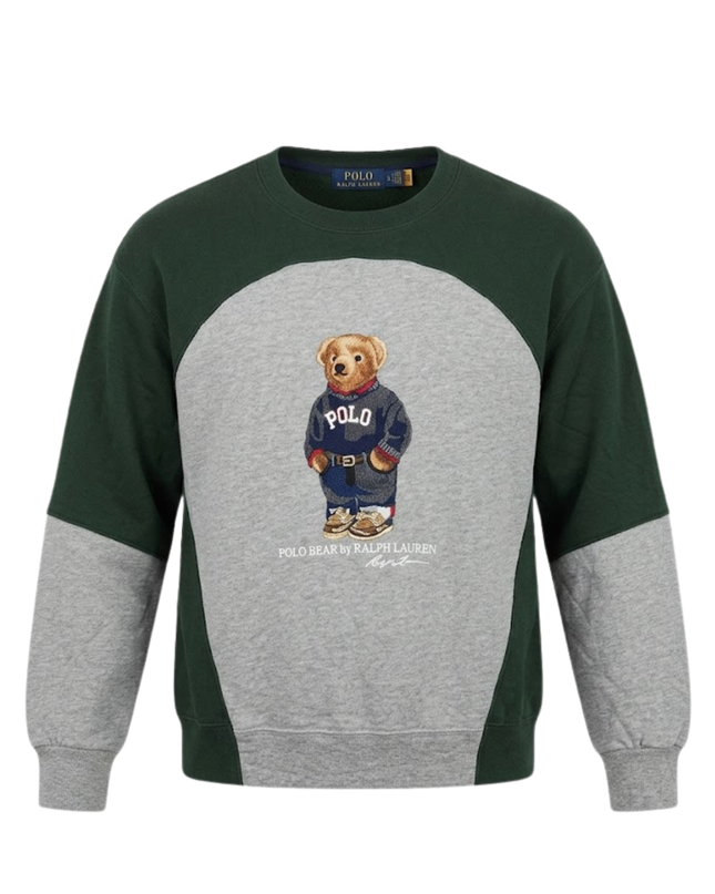 Reworked Polo Ralph Lauren Green and Grey Polo Bear Color-Blocked Sweatshirt