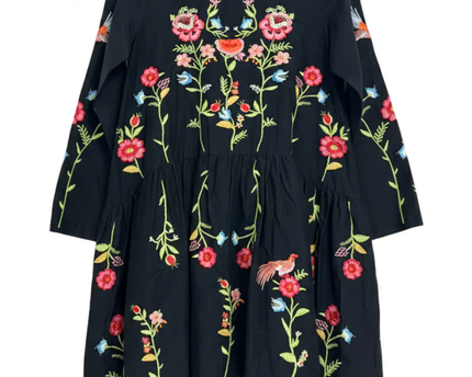Zara Black Embroidered Floral Bird Tiered Mini Dress