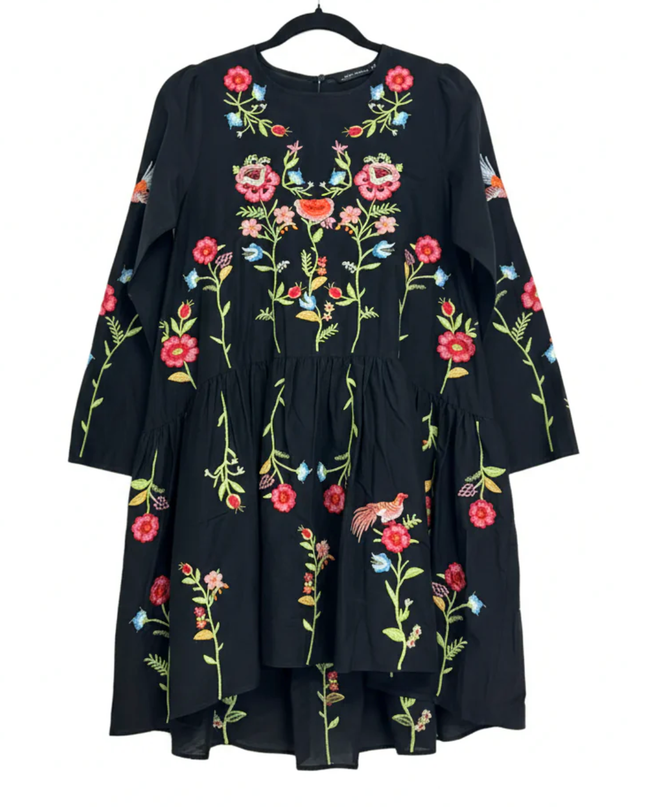 Zara Black Embroidered Floral Bird Tiered Mini Dress