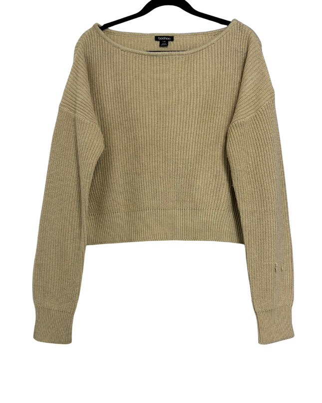 Boohoo Beige Oversized Cropped Ribbed Knit Sweater