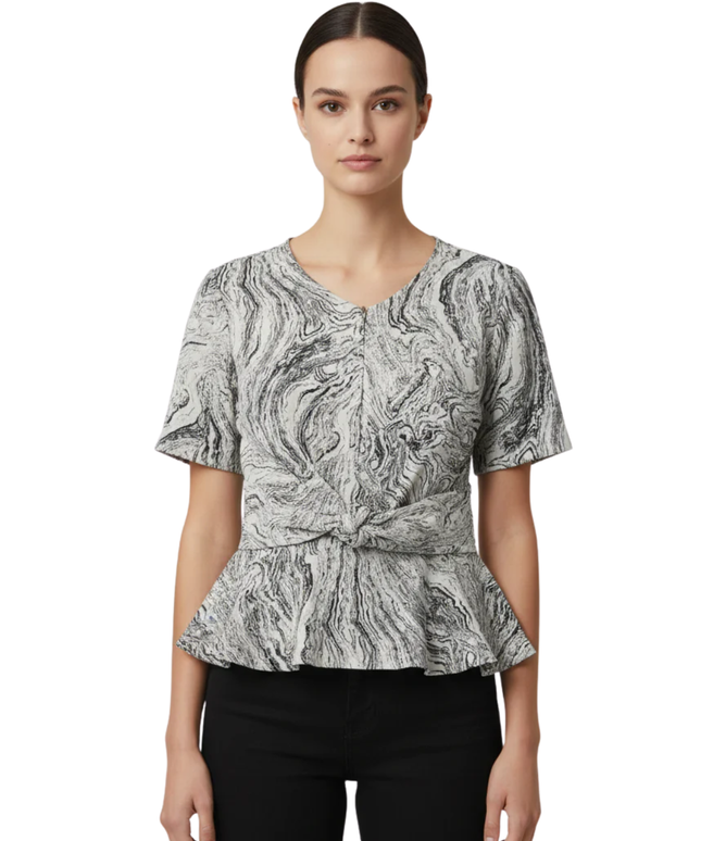 ZALORA WORK White and Black Marble Print Short Sleeve Blouse