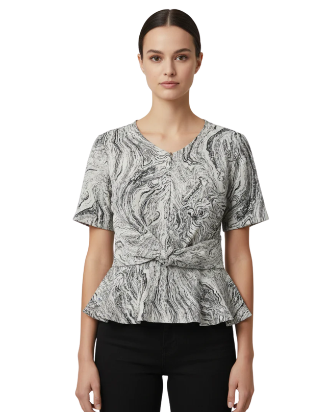 ZALORA WORK White and Black Marble Print Short Sleeve Blouse