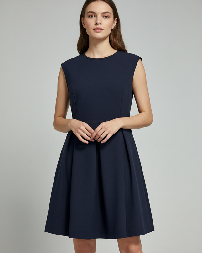 Adl Navy Blue Sleeveless Fit and Flare Pleated Mini Dress